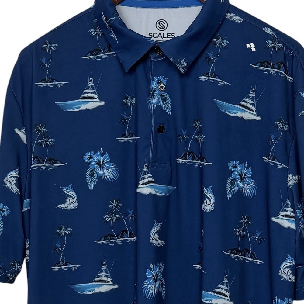 Scales Polo‎ Shirt Mens XL Blue Tropical Fishing Boat Performance Stretch Golf